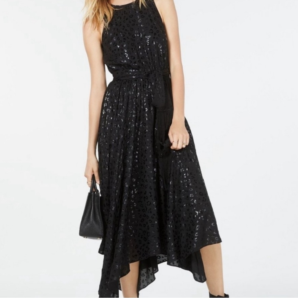 Michael Kors Handkerchief Hem Leopard Animal Print Black Dress Size Medium